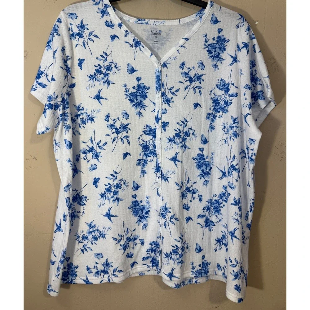 Croft & Barrow Pajama Set Women 2X White Blue Floral Birds Butterflies 2pc NEW